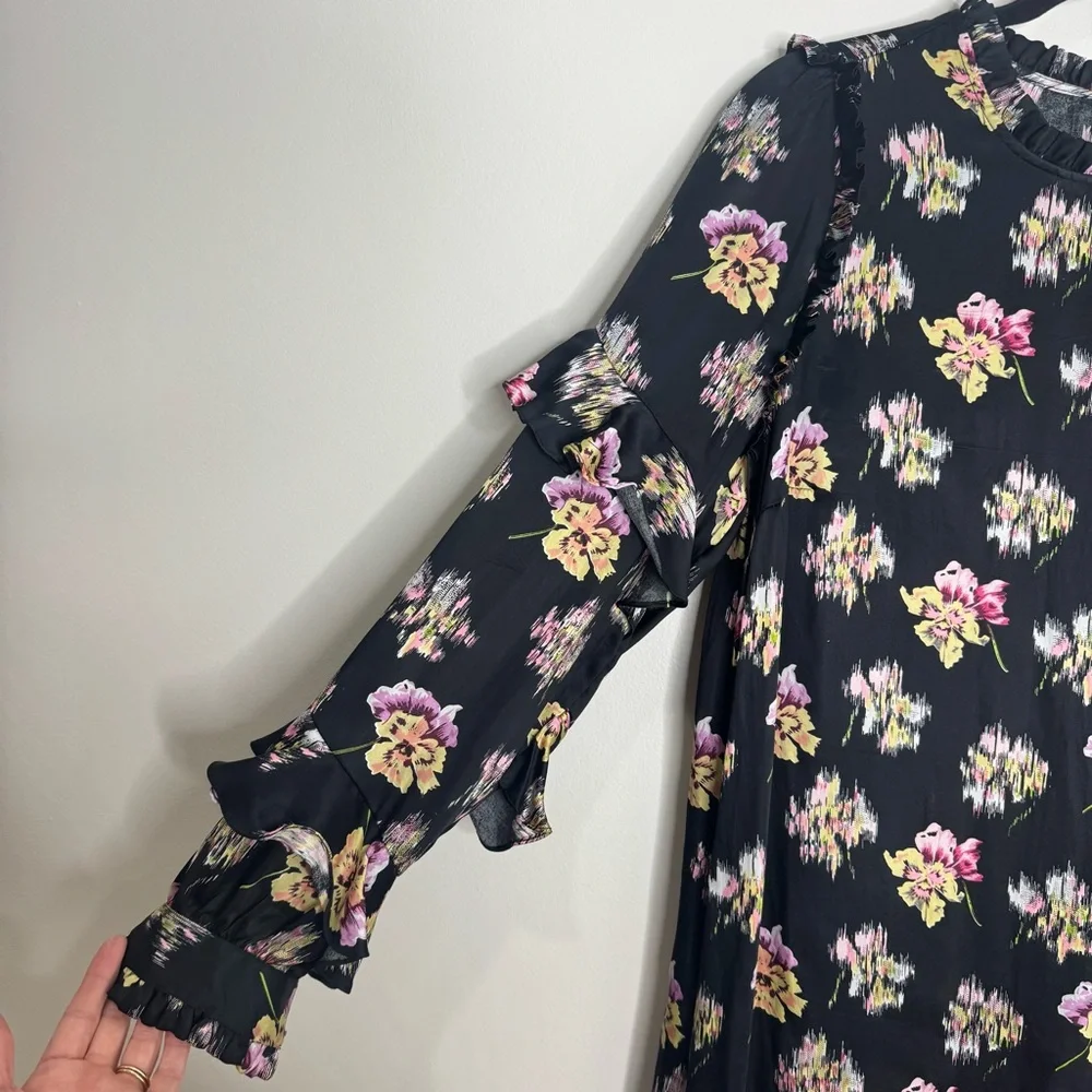 Needle & Thread Black Floral Ruffle Long Sleeve Mini Dress Size 10 Dark Romantic
